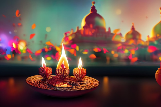 Festiwal dnia Diwali Tło latarni Diwali ze świecami i niewyraźnymi światłami