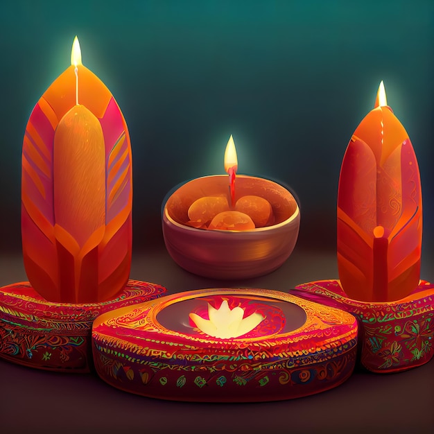 Festiwal dnia Diwali Tło latarni Diwali ze świecami i niewyraźnymi światłami