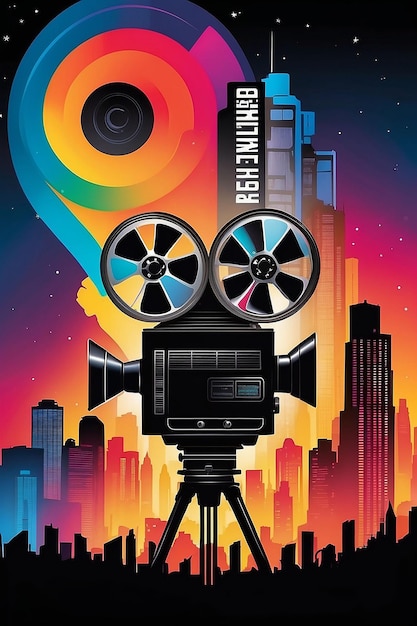 Festiwal filmowy Kolorowe tło z czarnym projektorem filmowym i sylwetkami drapaczy chmur