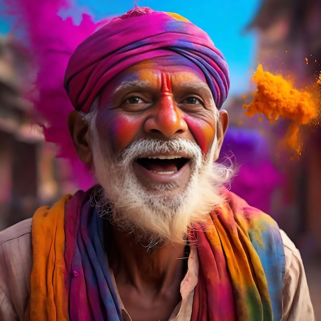 Festiwal Holi w święcie mężczyźni kobieta dziecko razem kolorowa tęcza