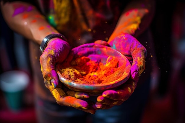 Festiwal Holi z jasną farbą na rękach stworzoną za pomocą technologii