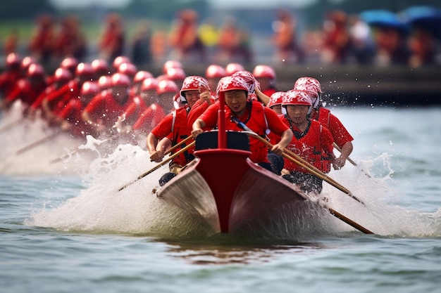 Zdjęcie festiwal łodzi smokowych ludzie ścigają się łodziami smokowymi w rzece z falami i zongzi w tle