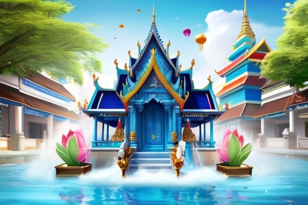 Festiwal Songkran w Tajlandii 3d z niebieską wodą