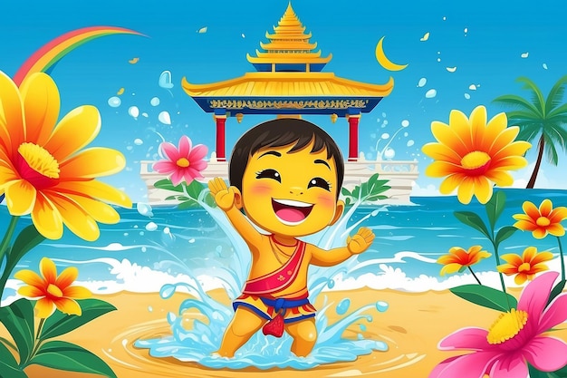 Festiwal Songkran w Tajlandii Tajskie kwiaty z dzieckiem bawiącym się w wodzie rozpryskującym uśmiech słońca