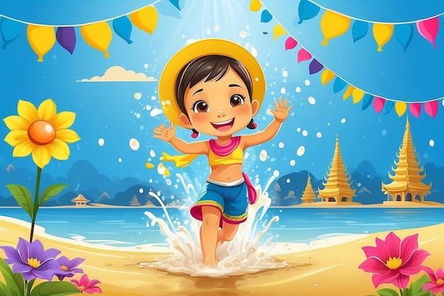 Zdjęcie festiwal songkran w tajlandii tajskie kwiaty z dzieckiem bawiącym się w wodzie rozpryskującym uśmiech słońca