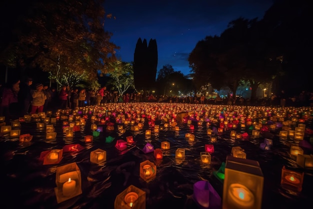 Festiwal świateł z lampionami i świecami rozświetlającymi nocne niebo stworzony za pomocą generatywnej ai