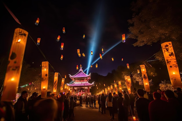 Festiwal świateł z latarniami i pochodniami rozświetlającymi nocne niebo stworzony za pomocą generatywnej ai