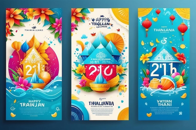 Festiwal wodny Songkran w Tajlandii Szczęśliwego Nowego Roku Tajlandia letni czas plakat ulotka trzy
