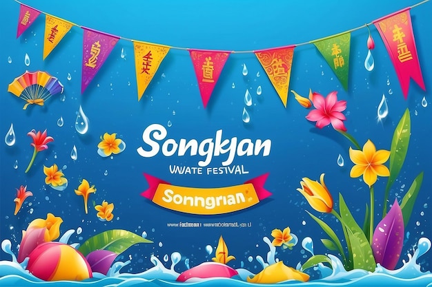 Festiwal wody Songkran w Tajlandii kolorowa flaga pennant jasna kropla wody tłumaczenie znaków