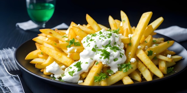 FETA SIAR FRIES z ręcznie wyciętymi frytkami feta zioła cytryna czosnek emulsja na talerzu minimalistyczny