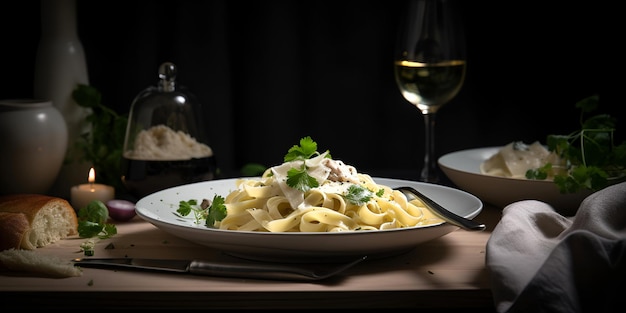 Fettuccine Alfredo makaron z białym sosem śmietanym na talerzu włoskie jedzenie