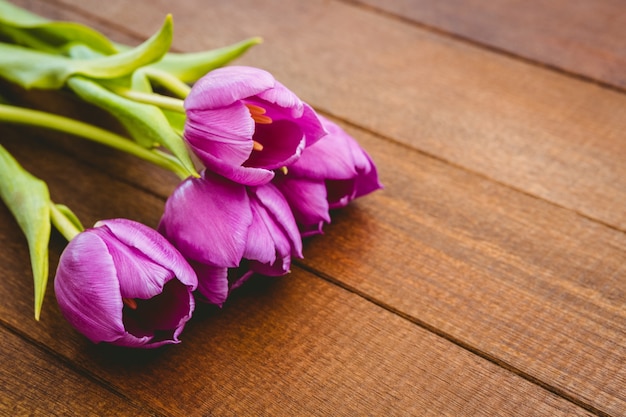Zdjęcie few piękny purpurowy kwiat przeciw drewnianej desce