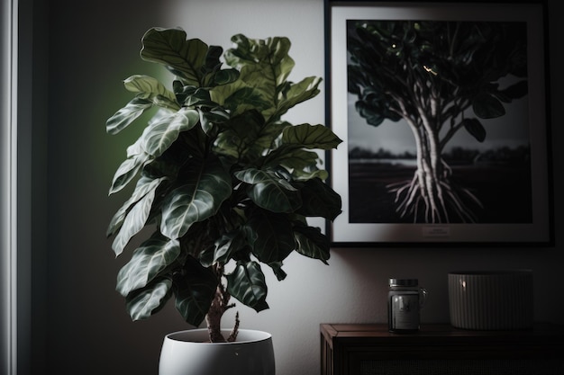 Fiddle leaf fig w szarym pokoju Ilustracja Generatywna sztuczna inteligencja