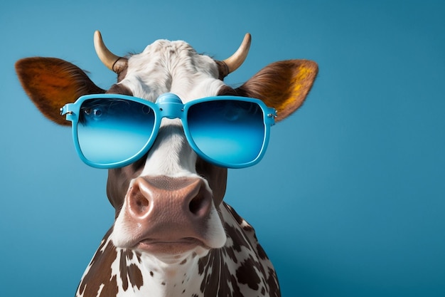 Zdjęcie figlarna krowa w okularach przeciwsłonecznych pozuje na niebieskim tle studyjnym generacyjna sztuczna inteligencja