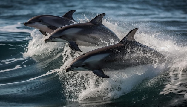 Figlarny delfin z butelką skaczący w niebieskiej wodzie wygenerowanej przez sztuczną inteligencję
