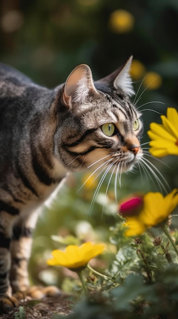 Figlarny kot goniący motyla po ogrodzie pełnym kwiatów Generuj Ai