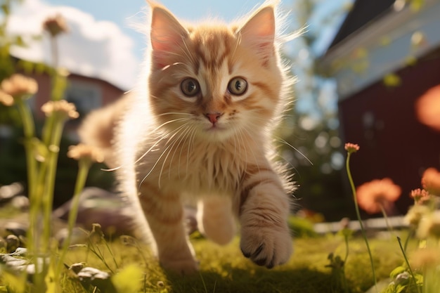 Figlarny kotek biegający po trawniku w słoneczny letni dzień Ciekawy aktywny zwierzak bawiący się na zewnątrz