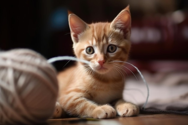 Zdjęcie figlarny kotek i kłębek włóczki bawiący się sznurkiem stworzony za pomocą generatywnej sztucznej inteligencji