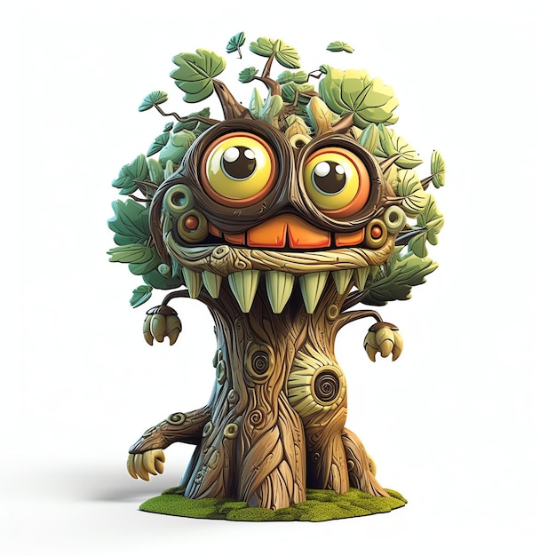 Figurka drzewa z twarzą i zielonymi oczami.