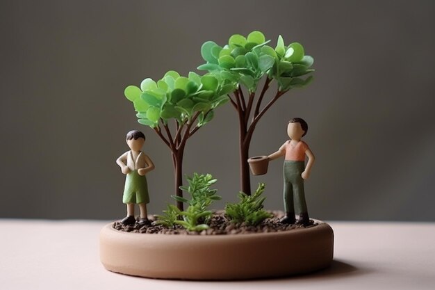 Figurka dwojga ludzi z wiadrem i drzewkiem z napisem 'miłość jest pośrodku'