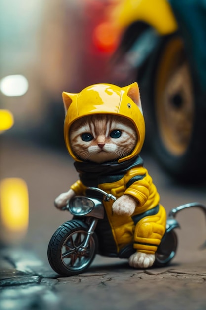 Figurka kota siedzącego na motocyklu na ulicy Generative AI