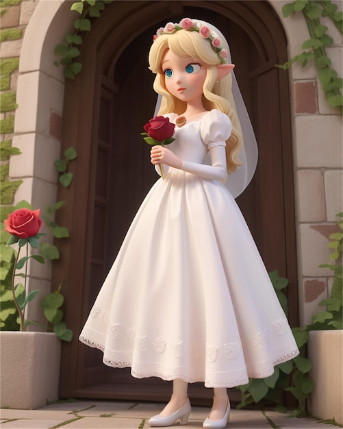 figurka księżniczki trzymającej bukiet róż.