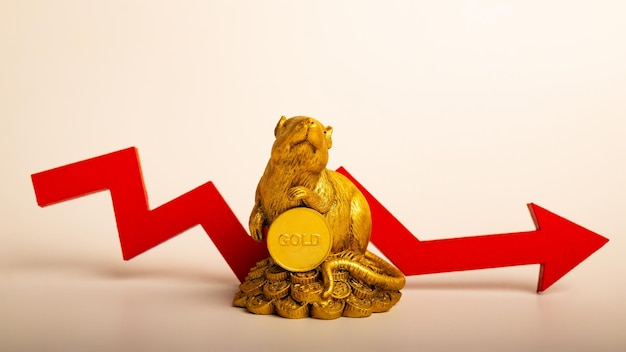 Figurka myszy ze złotą monetą i wykresem Koncepcja niestabilnych kursów walut i cen metali szlachetnych