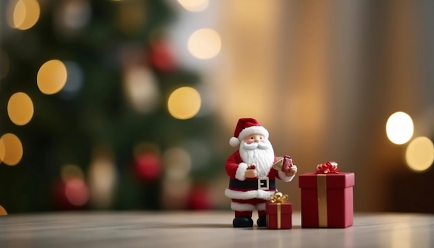 Figurka Świętego Mikołaja z pudełkiem prezentowym obok.
