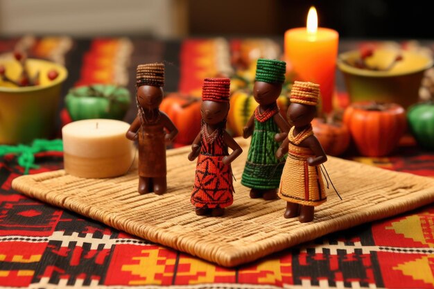 Zdjęcie figurki gliniane na tkanej macie dla kwanzaa