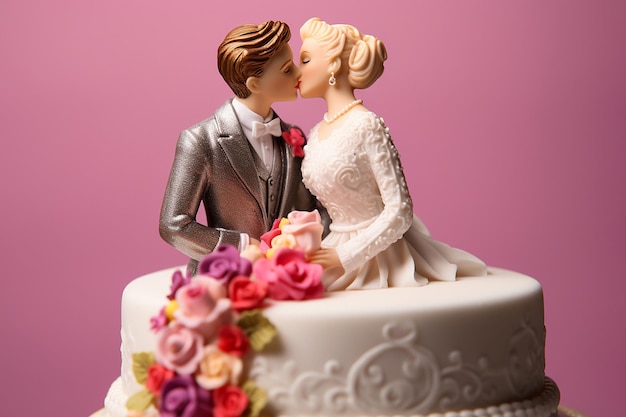 Zdjęcie figurki panny młodej i pana młodego na torcie ślubnym zbliżenie topera tortu ślubnego tradycyjne słodycze i dekoracje ślubne
