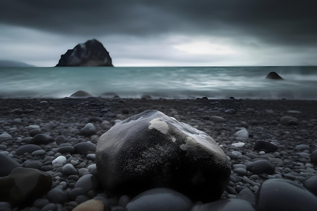 Fikcyjny piasek kamienny i plaża przy wyspie stworzone przez generatywne oprogramowanie AI