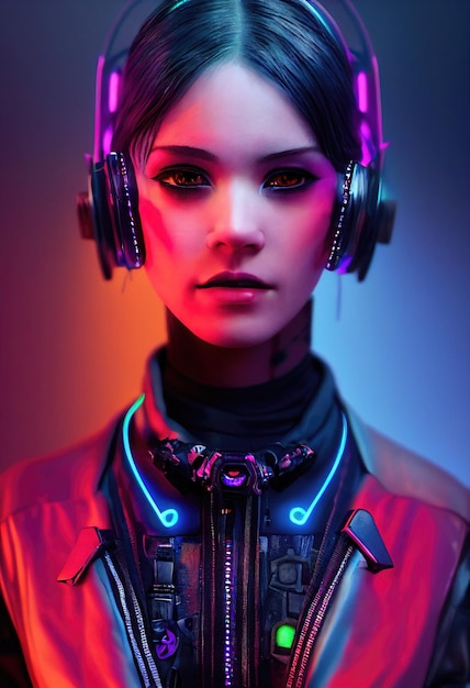 Fikcyjny portret cyberpunkowej dziewczyny science fiction Hightech futurystycznej kobiety z przyszłości