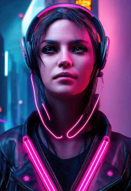 Fikcyjny portret cyberpunkowej dziewczyny science fiction Hightech futurystycznej kobiety z przyszłości