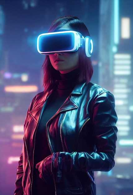 Fikcyjny portret cyberpunkowej dziewczyny science fiction Hightech futurystycznej kobiety z przyszłości