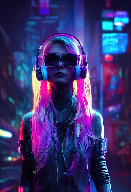 Fikcyjny portret cyberpunkowej dziewczyny science fiction Hightech futurystycznej kobiety z przyszłości