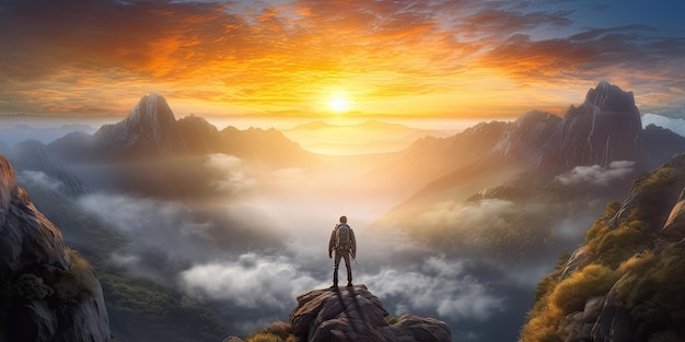 Fikcyjny turysta stoi na szczycie trudnej wspinaczki górskiej, aby być przywitał z pięknym widokiem na wschód słońca, Generative AI Technology