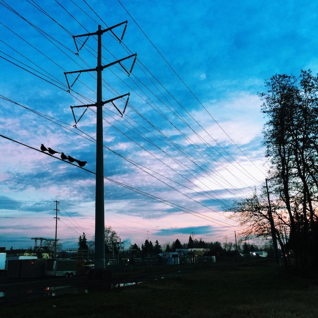 Zdjęcie filar elektryczny w polu na tle chmurnego nieba podczas zachodu słońca