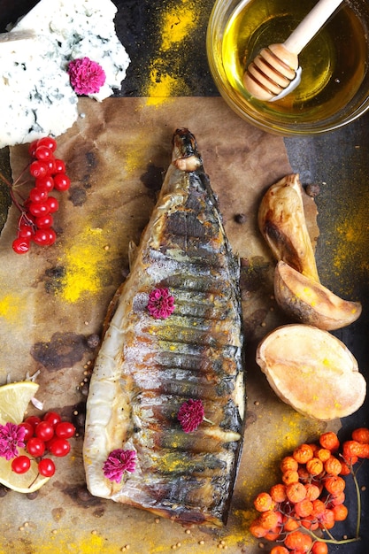 Filet rybny z warzywami miodem i serem pleśniowym na ciemnym tle Grillowana makrela z jagodami cytryny i różowymi kwiatami na pergaminie Zbliżenie