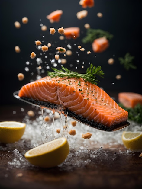 Filet z łososia pływający pyszny zdrowy posiłek Dobre źródło białka kwasy tłuszczowe omega-3 v