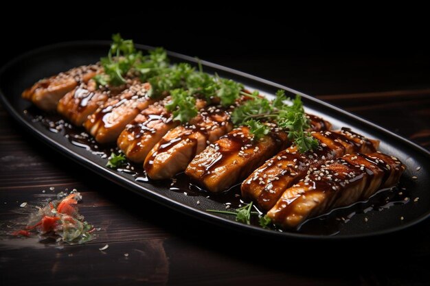 Zdjęcie filety węgorza z teriyaki glaze owocami morza fotografia obrazu węgorza