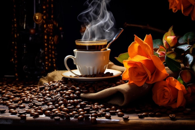 Filiżanka aromatycznej czarnej kawy i ziaren kawy na stole Morning Coffee Espresso na śniadanie