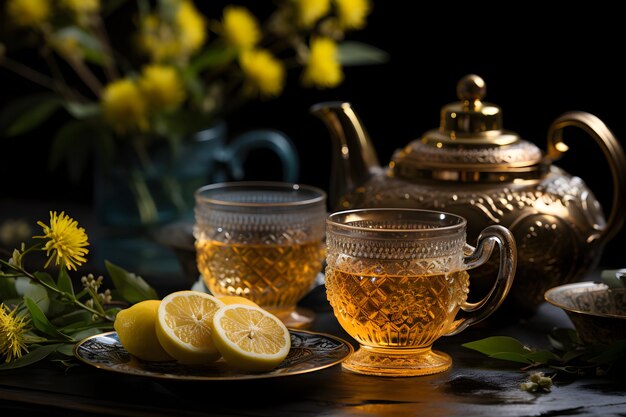 Zdjęcie filiżanka aromatycznej herbaty lipowej ze świeżymi kwiatami na stole organiczny i naturalny ziołowy gorący, zdrowy napój