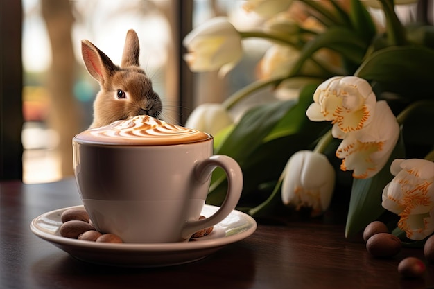 Filiżanka cappuccino ze słodkim króliczkiem i tulipanami na stole Czekoladowy króliczek wielkanocny siedzący obok kawy latte AI Wygenerowano