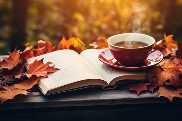 Filiżanka czarnej herbaty z książkami i jesiennymi liśćmi AI Generated