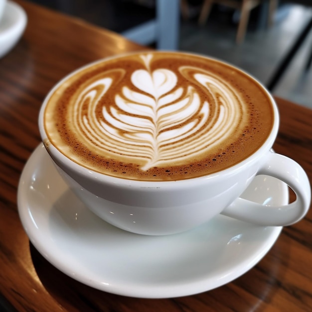 Filiżanka do latte art z motywem liścia na brzegu.