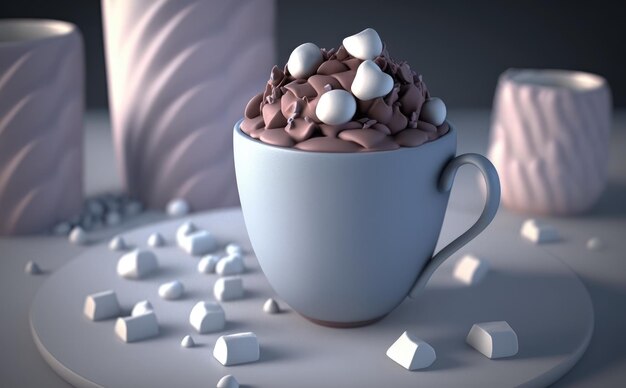 Filiżanka gorącej czekolady z piankami i czekoladą na drewnianym stole w kawiarni. wygenerowane AI