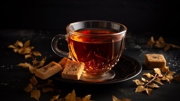 filiżanka gorącej herbaty z cynamonem i przyprawami na ciemnym tle