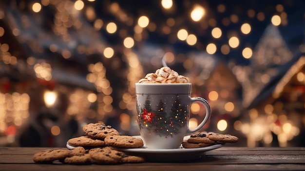 filiżanka gorącej kawy i ciasteczka na tle świateł na targu świątecznym