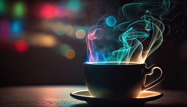 Filiżanka gorącej kawy na stole z kolorową parową magiczną atmosferą w kawiarni