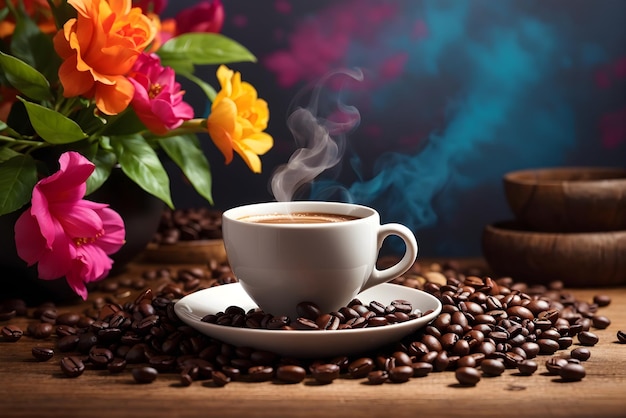 filiżanka gorącej kawy otoczona palonymi ziarnami kawy i świeżymi liśćmi